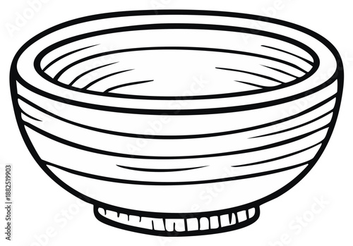 Hand drawn bowl illustration with circular lines, ceramic kitchenware, vintage empty soup vessel, graphic art style, retro diner