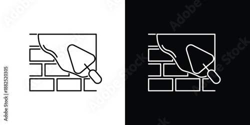 Outline icon of brick wall construction with trowel, symbolizing building work and masonry. Simple vector graphic for architectural and construction projects