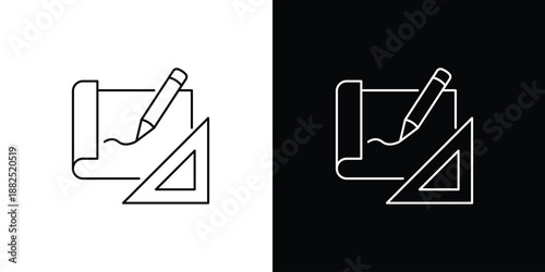 Single icon of architectural planning and design with ruler and pencil on blueprint paper
