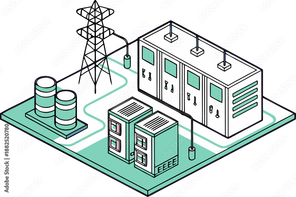 Naklejka premium Modern green data center server room shown in isometric view with cooling and power distribution, isolated vector cartoon.