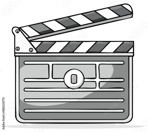Open movie clapperboard with black and white stripes used in filmmaking production