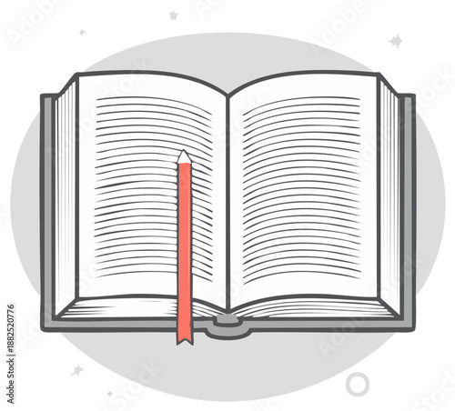 Open book with a red bookmark inserted showing lines of text illustration
