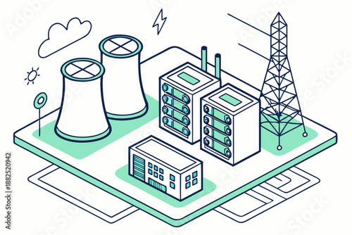 Isometric green cartoon data center server room with racks, cooling infrastructure, and power supply systems, isolated vector illustration.