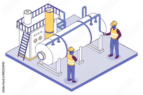 Factory boiler maintenance concept showing inside machinery, engineers inspecting components, isometric cartoon vector isolated.