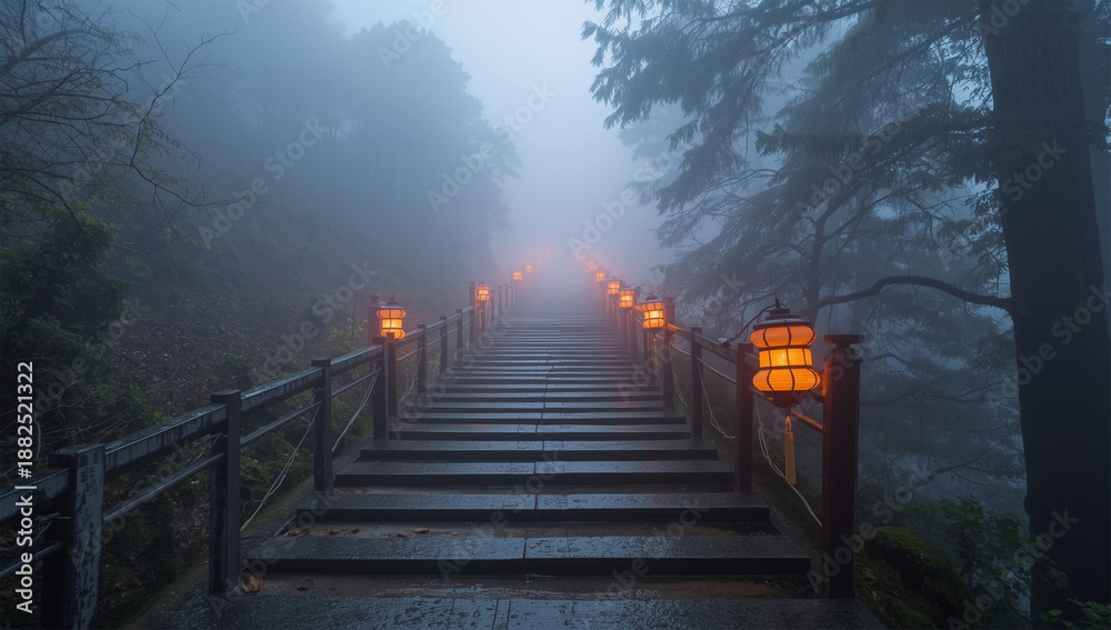 Fototapeta premium 霧の夜明けに灯りが浮かぶ参道石段と朱の灯籠が消失点へ溶ける景色
