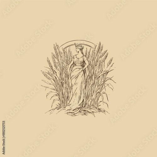Vintage hand-drawn illustration of a classical woman or goddess standing amidst a field of tall wheat stalks