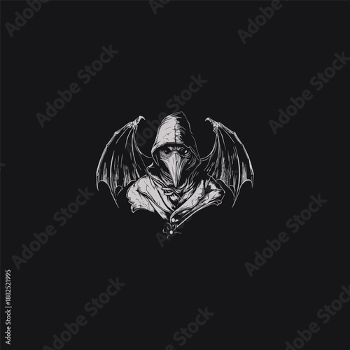 Vintage hand-drawn illustration of a plague doctor with large black feathered wings