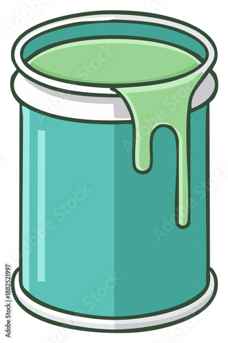 Teal paint can filled with green paint, with drips cascading down the container's side.