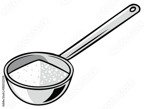 Black and white vector illustration of a metal measuring scoop with white powder
