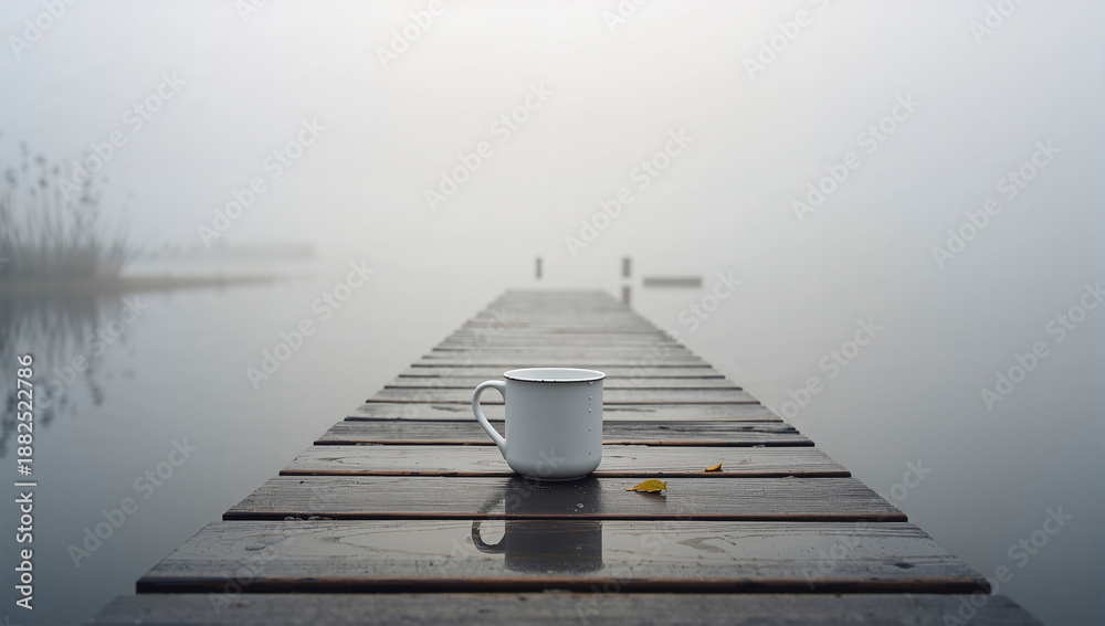 Fototapeta premium 朝霧の湖畔の桟橋に白いマグを置いたミニマルな夜明けの情景、人物なし