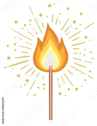 Burning match with flames and starburst illustration for design