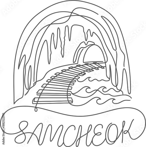 Samcheok ocean railbike through coastal cave line art illustration