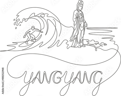 Surfer and Buddhist statue in Yangyang South Korea line art vector