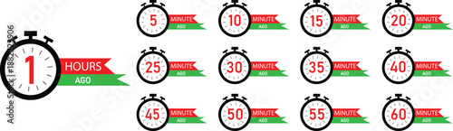 Stopwatch Time Ago Icons Set, Minutes and Hours Elapsed Labels with Ribbon Banners, Flat Timer and Countdown UI Elements Vector Illustration