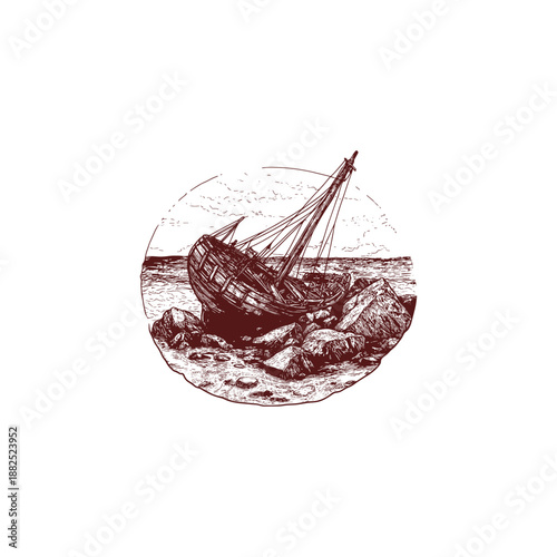 Vintage hand-drawn illustration of a wrecked wooden ship stranded on a rocky shoreline