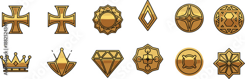 Golden medieval royal symbols collection with crosses, crown, shields and diamond icons for fantasy emblem and badge design