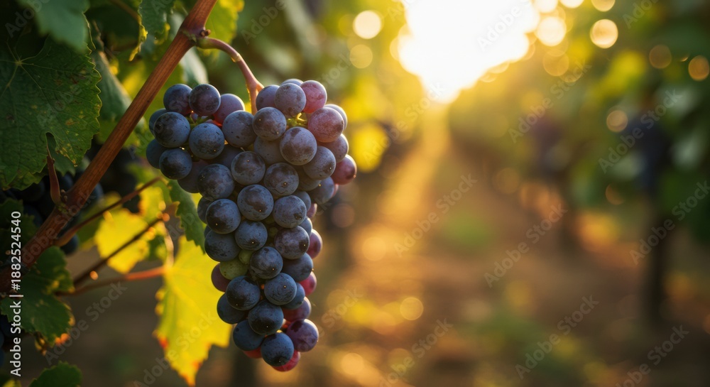 Fototapeta premium A cluster of grapes hanging from a vine in a vineyard, backlit by the sun.