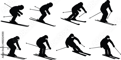 Alpine skiing action silhouettes set, downhill ski poses in motion, winter sports athletes, black vector illustration isolated, dynamic snow sport movement collection
