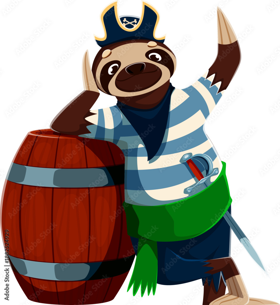 Fototapeta premium Cartoon sloth animal pirate vector character leaning on large wooden barrel. Corsair smiling lazily in a striped shirt and green sash and has a sword tucked at his waist, ready for sea adventures