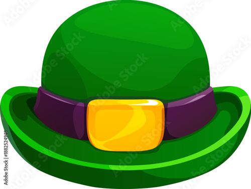Cartoon green leprechaun bowler hat with curved brim, dark purple band and a shiny golden buckle. Vector traditional and classic Irish accessory for st Patrick day dressup, symbol of luck and folklore