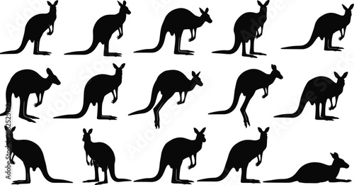 Collection of Australian kangaroo and wallaby silhouettes in various poses, wild animal vector illustration set for nature conservation and outback travel designs