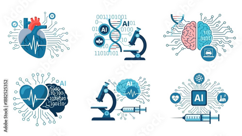 Flat lay illustration of six AI technology icons and symbols with vector graphics on a clean white background.
