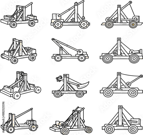 Medieval catapult and siege weapon line art set with trebuchet, launcher and war machine icons for historical illustration