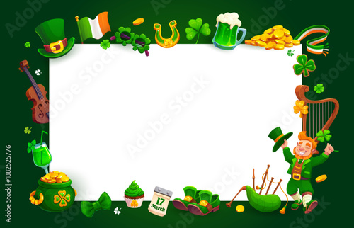 Happy St Patrick day holiday frame banner with leprechaun and Irish shamrock, vector background. Ireland flag and trefoil clovers with Celtic harp and bagpipe for Saint Patrick holiday greeting card