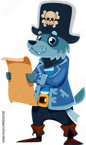 Cartoon dog or wolf animal pirate crew character dressed in a blue coat and skull hat, holding a treasure map. Vector playful and adventurous seVa captain, fantasy rover personage hunting treasures