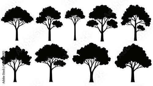 Set of ten black and white silhouette trees of varying shapes with leafy canopies and sturdy trunks