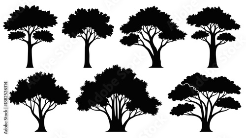 Collection of eight black silhouette trees with diverse shapes and branch structures on white background