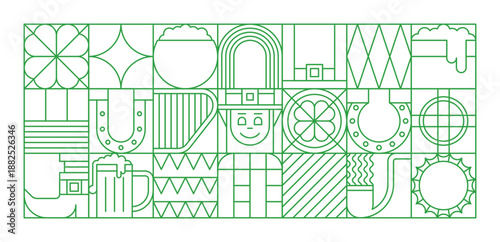 St Patrick day abstract geometric pattern with shamrock clover and leprechaun, vector background. Saint Patrick Irish holiday pattern of geometric shape horseshoe and green ale beer mug with coins pot