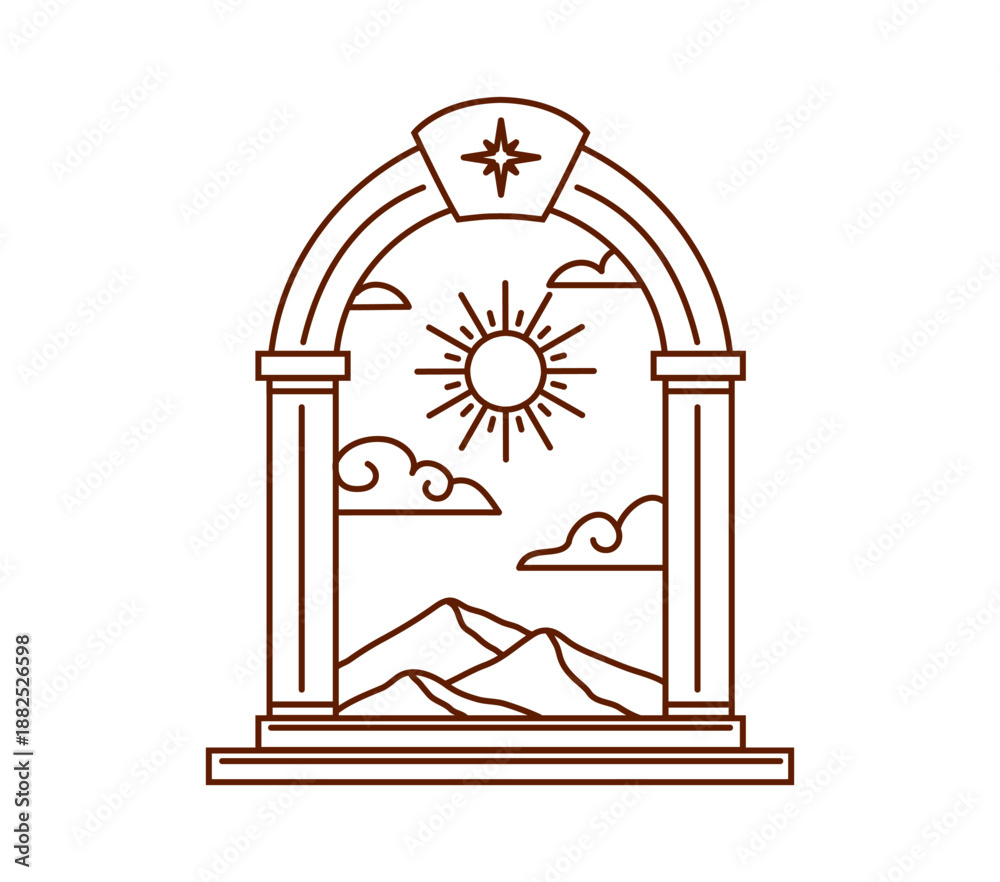 Naklejka premium Mystic Boho arch, magic Bohemian doorway. Mystic magic linear vector portal door, esoteric zodiac arch. Tarot card fantasy celestial or Boho element with stairs, sun, clouds and mountain range peaks