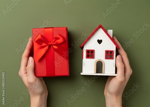 Man holds a miniature house and red gift box. To inherit property. Holiday discounts. Housing as a gift. Win an apartment in the lottery. Buying an apartment at a low price.