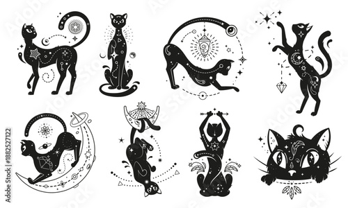 Black magic cats with mystic moon, stars and gothic celestial pattern. Halloween witch black magic cat animals vector silhouettes for witchcraft tattoo, tarot cards and astrology themes