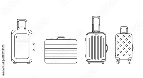 Set of linear luggage and suitcase icons in various styles and sizes. Minimalist vector illustration of travel bags for vacation, business trip, and tourism concepts isolated on white background