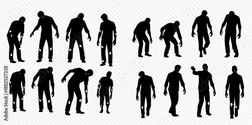 Set of zombie silhouettes, walking dead, horror, Halloween concept, spooky creatures, scary figures, undead monsters, creepy characters.