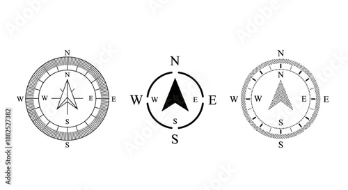 ​Set of compass rose icons and navigation symbols. Minimalist vector illustration showing North, South, East, and West directions for map, travel, and adventure concepts isolated on white background