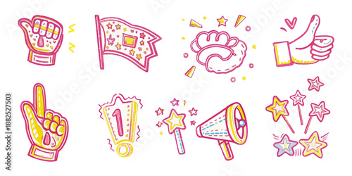 Sports Fan Accessories and Elements Vector Set Featuring Foam Fingers Pennants and Team Merchandise Icons for Design