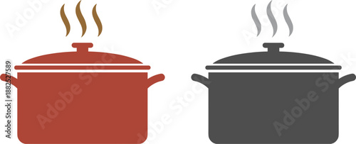 Colored cooking pot silhouette icons with steam isolated flat vector set for kitchen food cookware design use