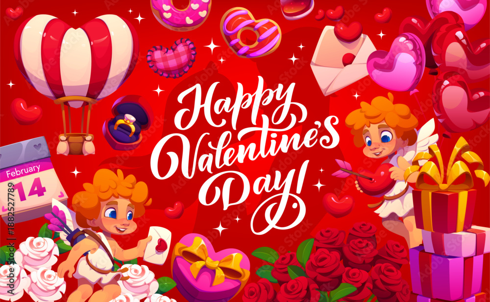 Obraz premium Happy Valentine day greeting card with love holiday hearts and cupids, cartoon vector. Valentine day greeting with cupid cherubs or angels with love message envelopes, heart balloons and wedding gifts