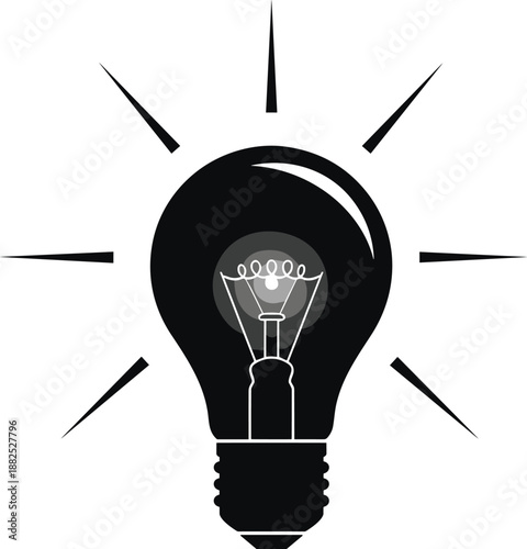 Black lightbulb with white filament and gray gradient  with black lines