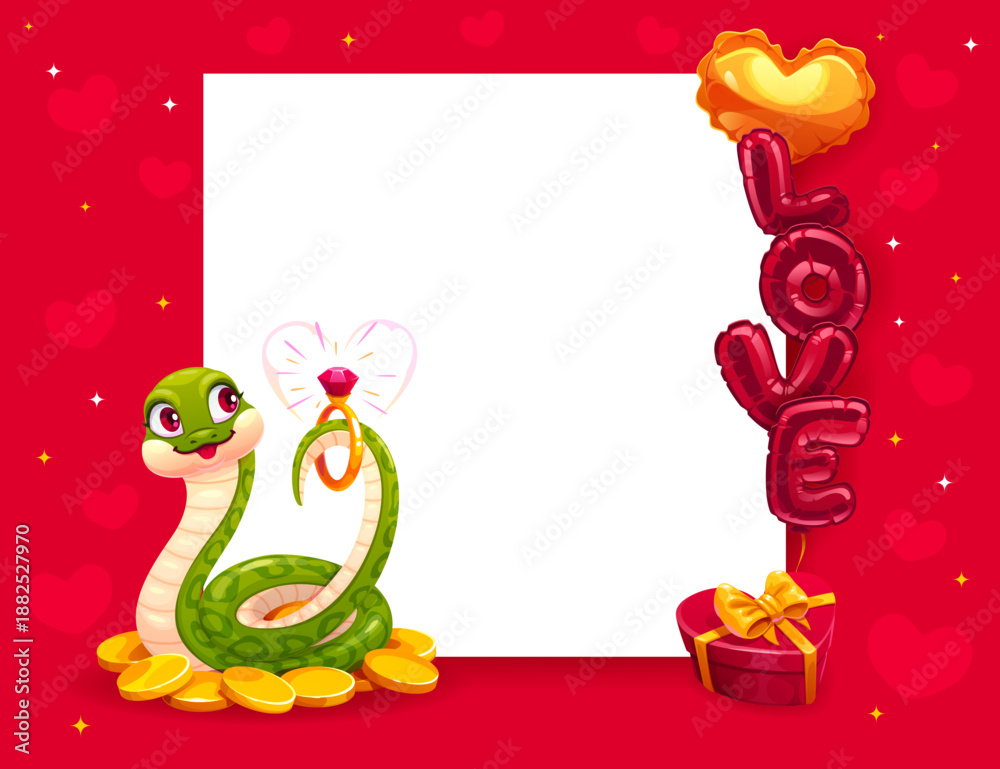 Obraz premium Valentine day banner for love holiday greeting card with snake, vector poster. Valentine day frame with love word balloons, gift and cute snake with golden ring for wedding, marriage or engagement