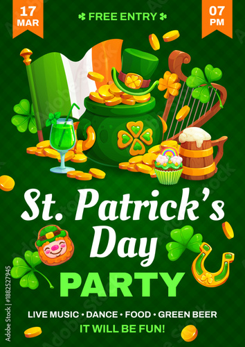 Happy St Patrick's day irish holiday party flyer. Irish pub party vector invitation card, Saint Patrick day folk poster with leprechaun pot of gold, Ireland flag, shamrock clovers, ale or beer, harp