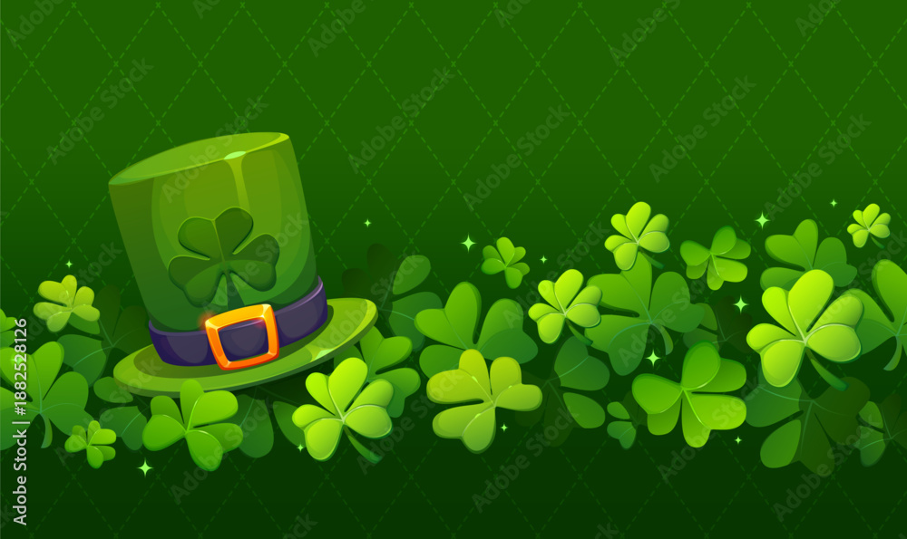 Fototapeta premium Happy St Patrick's day holiday banner with shamrock clovers and leprechaun hat. Saint Patrick festive vector wallpaper, Irish holiday green background or banner with green top hat, clover leaves
