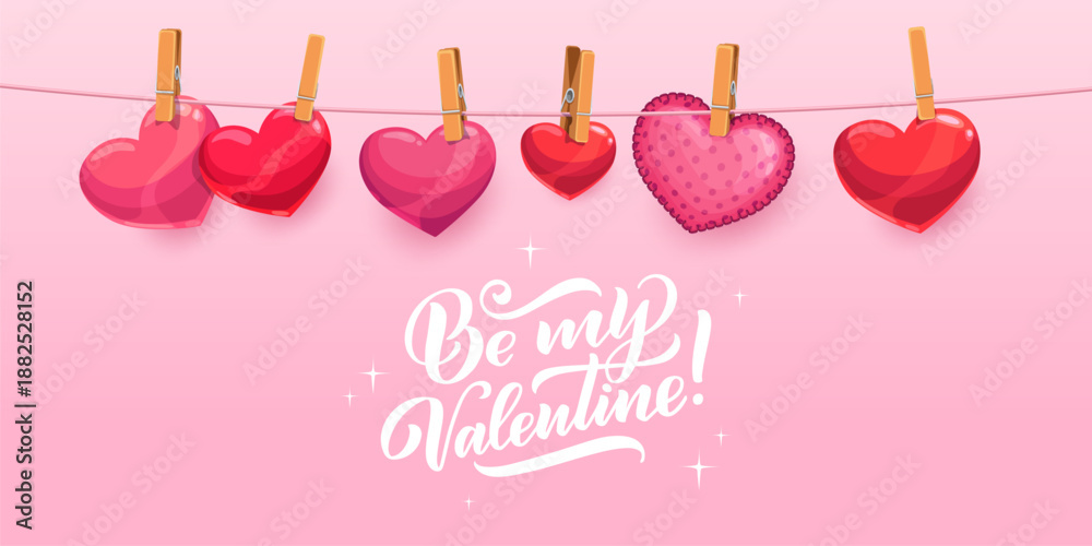 Fototapeta premium Valentine Day love hearts with clothespins and clothesline vector greeting banner. Cartoon cute red and pink hearts hanging with old wooden clothes pins and pegs. Be My Valentine romantic love card