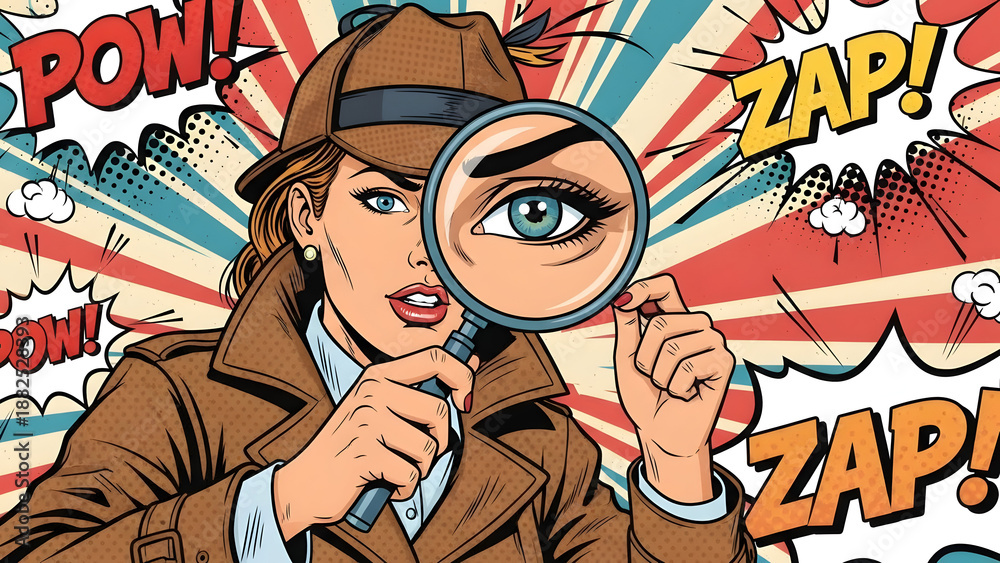 Obraz premium Mysterious female detective investigating evidence magnifying glass vintage comic illustration vector lady inspector searching for secret clue in retro pop art aesthetic design