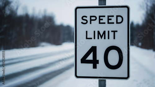 Icy speed limit sign on snowy road — symbol of caution and winter reality