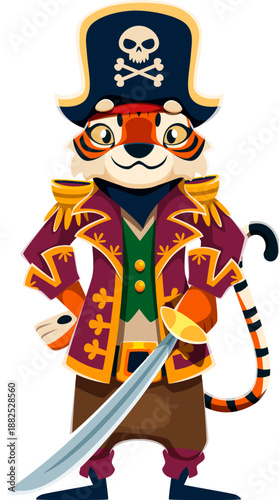 Cartoon tiger animal pirate character with a sword in paw. Corsair dressed in purple captain coat with golden details, green vest and captain hat. Vector confident and heroic tiger corsair personage