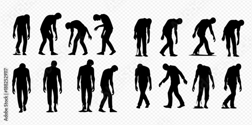 Set of black zombie silhouettes in various walking poses, isolated on a transparent background, depicting horror and Halloween themes.